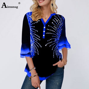 Plus size 5xl Latest Model Single-breasted Print Position Blue V-neck Flared Sleeve Tops Female T-Shirt Loose Ladies Tee Shirt