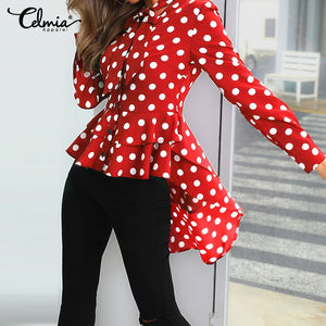 Polka Dot Bow Tie Long Sleeve Top Celmia Fashion Women's Blouses Asymmetrical Tunic Long Shirt Casual Button Work Blusas Mujer 7