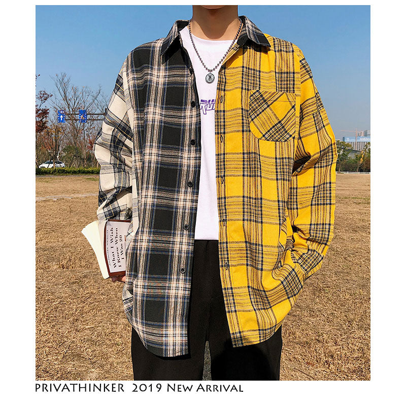 Privathinker Korean Plaid Shirts For Men 2020 Fashion Patchwork Long Sleeve Casual Shirt Hip Hop Streetwear Man Blouse