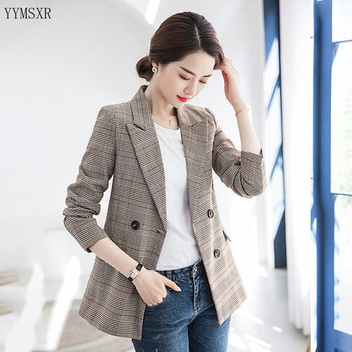 Professional blazer Women's Slim High-Quality Double-Breasted Jacket Feminine Female Checked small suit 2020 new