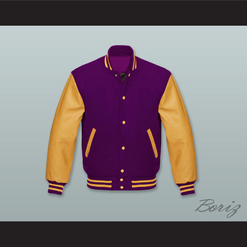 Purple Wool and Yellow Gold Lab Leather Varsity Letterman Jacket