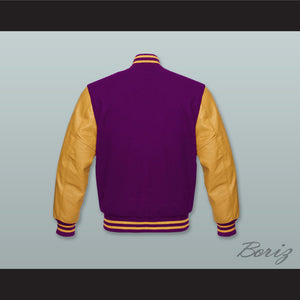 Purple Wool and Yellow Gold Lab Leather Varsity Letterman Jacket