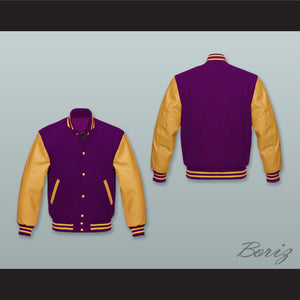 Purple Wool and Yellow Gold Lab Leather Varsity Letterman Jacket