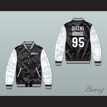 Load image into Gallery viewer, Hennessy Queens Bridge 95 Black/ White Varsity Letterman Satin Bomber Jacket