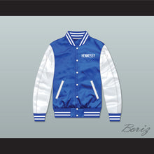 Load image into Gallery viewer, Hennessy Queens Bridge 95 Blue/ White Varsity Letterman Satin Bomber Jacket