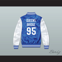 Load image into Gallery viewer, Hennessy Queens Bridge 95 Blue/ White Varsity Letterman Satin Bomber Jacket