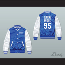 Load image into Gallery viewer, Hennessy Queens Bridge 95 Blue/ White Varsity Letterman Satin Bomber Jacket