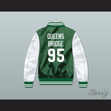 Load image into Gallery viewer, Hennessy Queens Bridge 95 Green/ White Varsity Letterman Satin Bomber Jacket