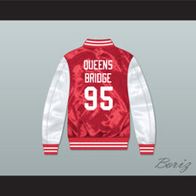 Load image into Gallery viewer, Hennessy Queens Bridge 95 Red/ White Varsity Letterman Satin Bomber Jacket