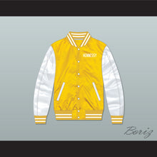 Load image into Gallery viewer, Hennessy Queens Bridge 95 Yellow/ White Varsity Letterman Satin Bomber Jacket