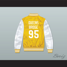 Load image into Gallery viewer, Hennessy Queens Bridge 95 Yellow/ White Varsity Letterman Satin Bomber Jacket