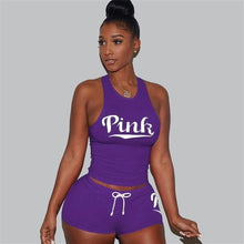 Load image into Gallery viewer, RAISEVERN PINK Letters Print Tank Top Shorts Suit Two Piece Set Sexy Sleeveless Women Outfits Summer Sporting 2 Piece Set