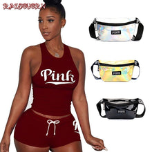 Load image into Gallery viewer, RAISEVERN PINK Letters Print Tank Top Shorts Suit Two Piece Set Sexy Sleeveless Women Outfits Summer Sporting 2 Piece Set