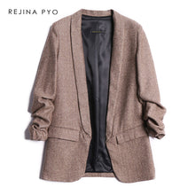 Load image into Gallery viewer, REJINAPYO Women Tweed Vintage Chic Blazer Notched Collar Pleated Sleeve Office Lady Casual Fashion Blazer Coat with Pockets