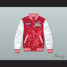Load image into Gallery viewer, Stripes Rock N&#39; Jock All Star Jam 2002 Red/ White Varsity Letterman Satin Bomber Jacket