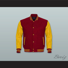 Load image into Gallery viewer, Dark Red Wool and Yellow Gold Lab Leather Varsity Letterman Jacket