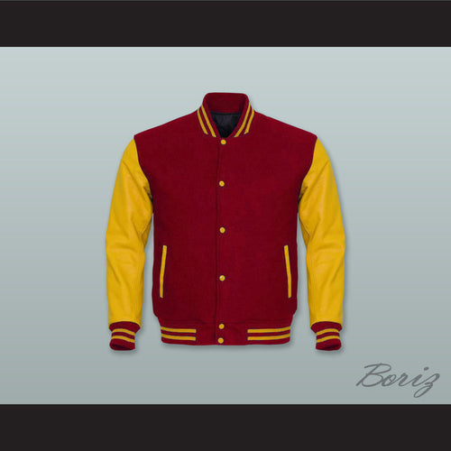 Dark Red Wool and Yellow Gold Lab Leather Varsity Letterman Jacket