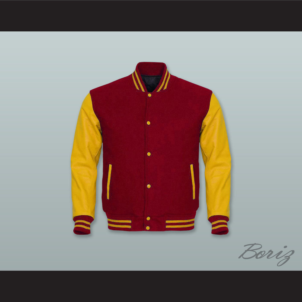 Dark Red Wool and Yellow Gold Lab Leather Varsity Letterman Jacket