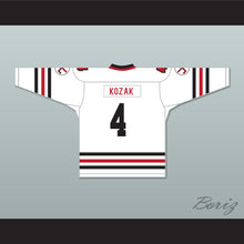 Load image into Gallery viewer, Riley Kozak 4 Mr. Lumber Minor Bantam All Stars White Hockey Jersey Hockey Night TV Movie