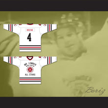 Load image into Gallery viewer, Riley Kozak 4 Mr. Lumber Minor Bantam All Stars White Hockey Jersey Hockey Night TV Movie