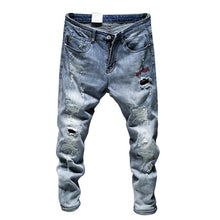 Load image into Gallery viewer, Ripped Jeans For Men Skinny Slim Fit Light Blue Spring 2021 New Frayed Streetwear Hip Hop Denim Pants Patchwork Men&#39;s Trousers