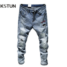 Load image into Gallery viewer, Ripped Jeans For Men Skinny Slim Fit Light Blue Spring 2021 New Frayed Streetwear Hip Hop Denim Pants Patchwork Men&#39;s Trousers