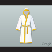 Load image into Gallery viewer, Roberto &#39;Hands of Stone&#39; Duran White and Gold Satin Full Boxing Robe with Hood