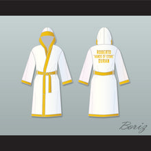 Load image into Gallery viewer, Roberto &#39;Hands of Stone&#39; Duran White and Gold Satin Full Boxing Robe with Hood