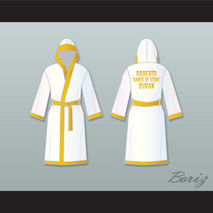Roberto 'Hands of Stone' Duran White and Gold Satin Full Boxing Robe with Hood
