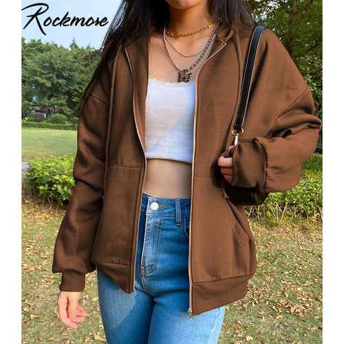 Rockmore Brown Hoodies Women'S Sweatshirts Hoodie Pocket  Jacket Harajuku Clothing Femme 2020 Autumn Hooded Zipper Top Korean
