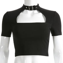 Load image into Gallery viewer, Rockmore Buckle Halterneck Sexy Womens T Shirt Harajuku Long Sleeve Crop Top Streetwear Basic Tshirt Women Tight Tees Shirts