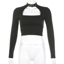 Load image into Gallery viewer, Rockmore Buckle Halterneck Sexy Womens T Shirt Harajuku Long Sleeve Crop Top Streetwear Basic Tshirt Women Tight Tees Shirts