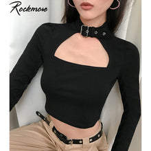 Load image into Gallery viewer, Rockmore Buckle Halterneck Sexy Womens T Shirt Harajuku Long Sleeve Crop Top Streetwear Basic Tshirt Women Tight Tees Shirts