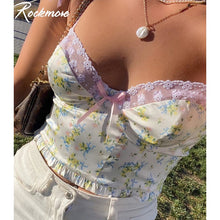 Load image into Gallery viewer, Rockmore Lace Patchwork Bow Y2K Cami Women Summer Sexy V-neck Spaghetti Strap Flower Printed Short Camisole Casual Nightclub Top