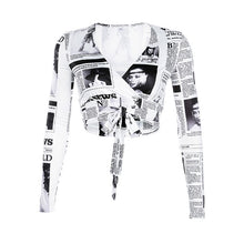 Load image into Gallery viewer, Rockmore Newspaper Letter Print Women T Shirt Deep V-neck Sexy Tees Shirts Long Sleeve Crop Top Streetwear  Basic Tshirt Womens