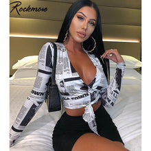 Load image into Gallery viewer, Rockmore Newspaper Letter Print Women T Shirt Deep V-neck Sexy Tees Shirts Long Sleeve Crop Top Streetwear  Basic Tshirt Womens