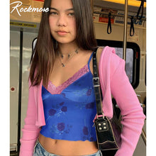 Load image into Gallery viewer, Rockmore Rose Print Patchwork Lace Camis For Women Sexy Spaghetti Straps Low Cut Camisole Y2K Crop Tops Summer Club Tank Tops