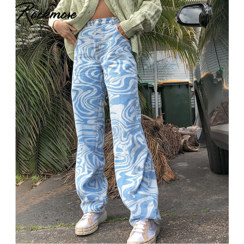 Rockmore Zebra Pattern High Waist Women'S Jeans 90s Streetwear Trousers Baggy Leg Pants Y2K Mom Boyfriend Pants Denim Capris