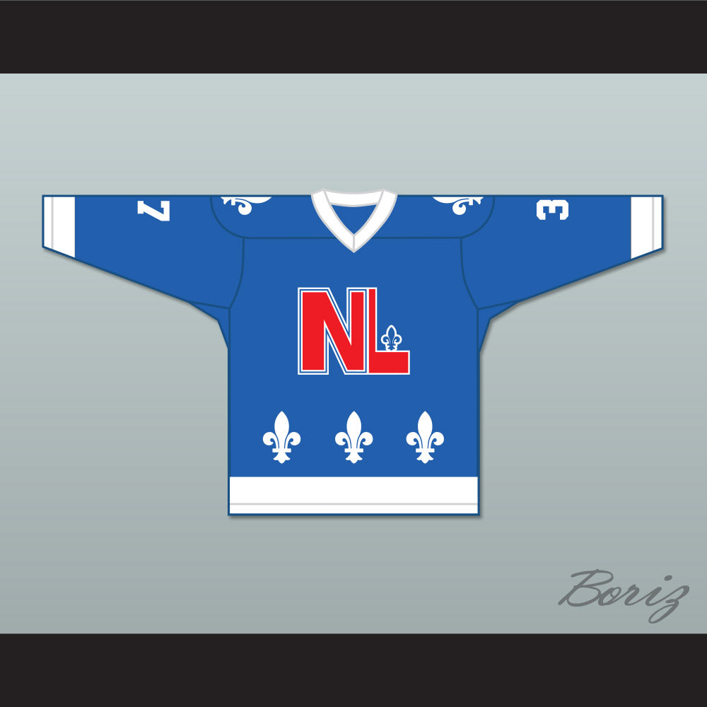 Roger Ladouceur 37 Le National de Québec Blue Hockey Jersey- Lance et compte (He Shoots, He Scores)