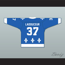 Load image into Gallery viewer, Roger Ladouceur 37 Le National de Québec Blue Hockey Jersey- Lance et compte (He Shoots, He Scores)