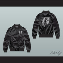 Load image into Gallery viewer, Ruff Ryders Entertainment Black Varsity Letterman Satin Bomber Jacket