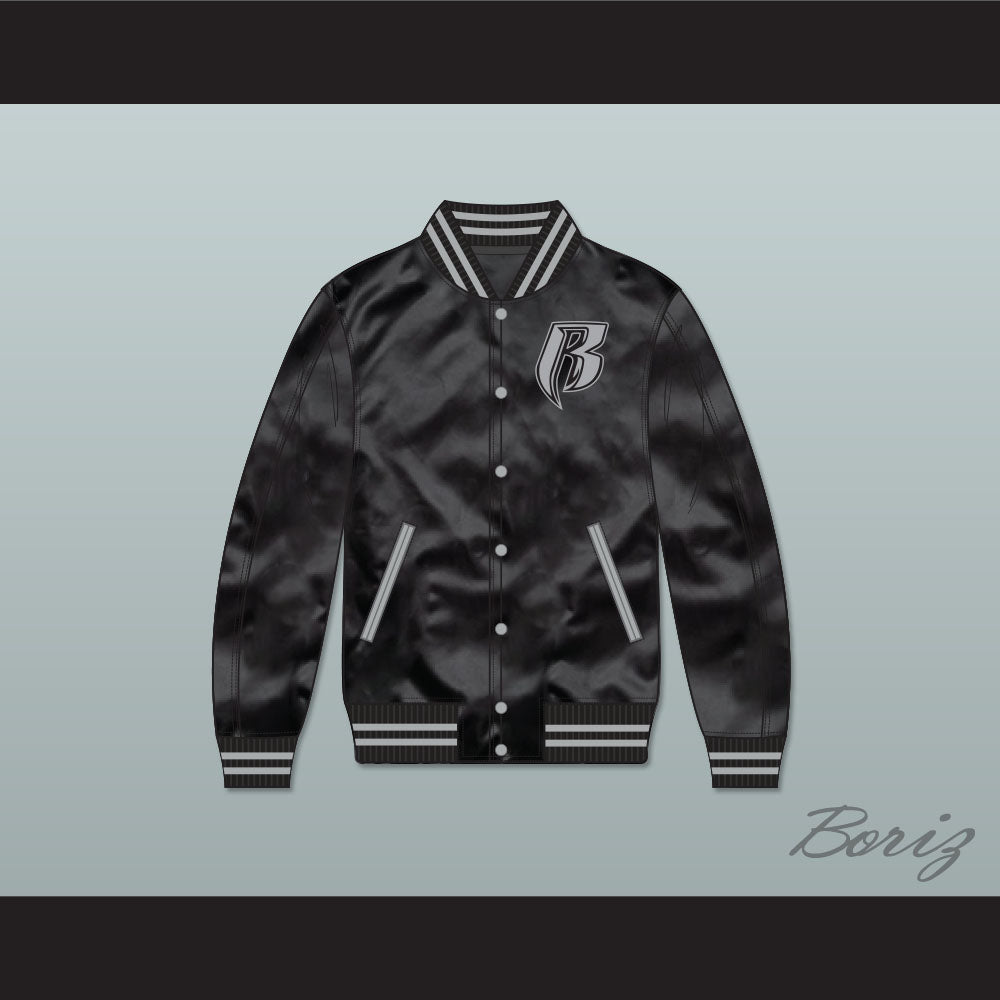 Ruff Ryders Black Varsity Letterman Satin Bomber Jacket