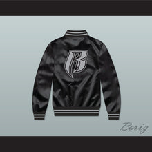 Load image into Gallery viewer, Ruff Ryders Black Varsity Letterman Satin Bomber Jacket