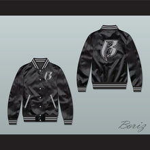 Load image into Gallery viewer, Ruff Ryders Black Varsity Letterman Satin Bomber Jacket