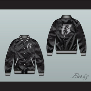 Ruff Ryders Black Varsity Letterman Satin Bomber Jacket
