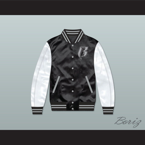 Ruff Ryders Black and White Varsity Letterman Satin Bomber Jacket