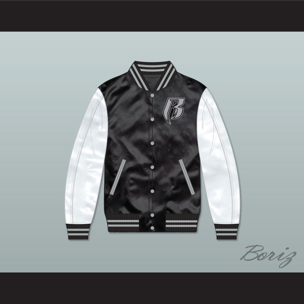 Ruff Ryders Black and White Varsity Letterman Satin Bomber Jacket