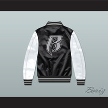 Load image into Gallery viewer, Ruff Ryders Black and White Varsity Letterman Satin Bomber Jacket