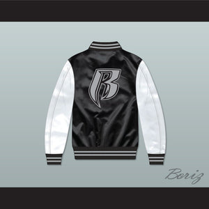 Ruff Ryders Black and White Varsity Letterman Satin Bomber Jacket