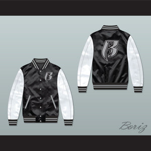 Ruff Ryders Black and White Varsity Letterman Satin Bomber Jacket